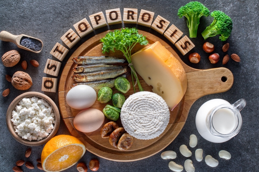 Image saying "osteoporosis" with healthy food nearby